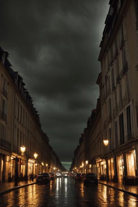 a dreamy dark gloomy rainy night in the street of France