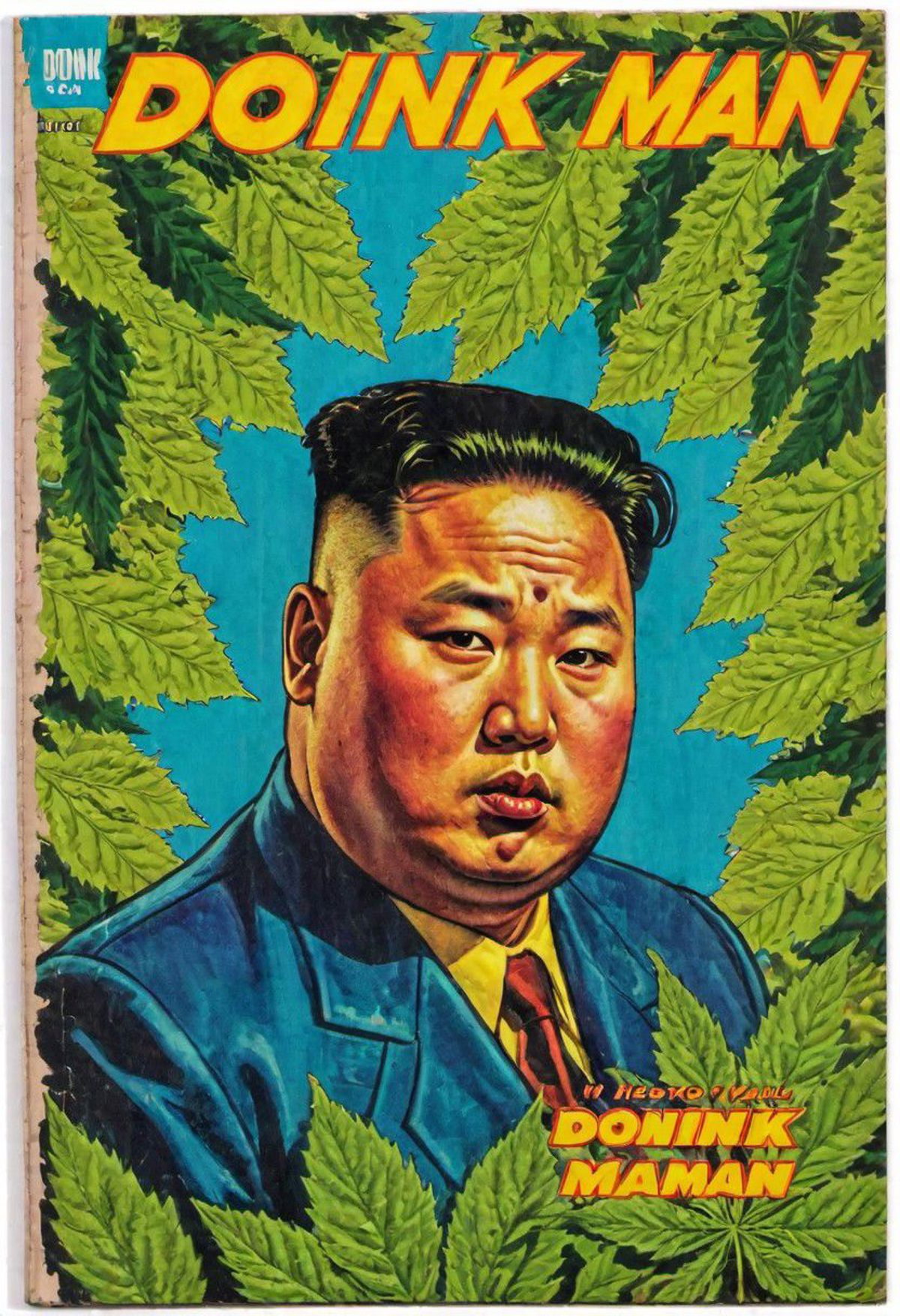 Vintage comic book cover of, (title says "DOINK MAN":1.35), Kim Jong Un, cannabis leaf pattern background, by r crumb, det...