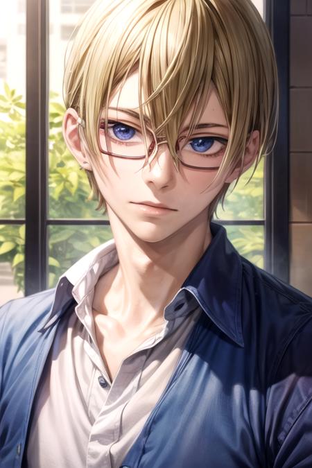 masterpiece, best quality, photorealistic, 1boy, solo, male focus, looking at viewer, upper body, depth of field, <lora:michiru_yanai:0.68>, michiru_yanai, blonde hair, blue eyes, hair between eyes, glasses, , , ,