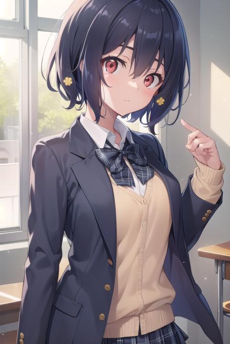 aimizuno, <lyco:aimizuno-lyco-nochekaiser:1>,
ai mizuno, black hair, hair between eyes, (red eyes:1.5), short hair,
BREAK black jacket, black legwear, black neckwear, black skirt, blazer, brown footwear, collared shirt, flower, hair flower, hair ornament, jacket, loafers, long sleeves, miniskirt, open clothes, open jacket, plaid, plaid neckwear, plaid skirt, pleated skirt, school uniform, shirt, shoes, skirt, sweater, white shirt, wing collar, yellow flower, yellow sweater
BREAK looking at viewer, full body,
BREAK indoors, classroom,
BREAK <lyco:GoodHands-beta2:1>, (masterpiece:1.2), best quality, high resolution, unity 8k wallpaper, (illustration:0.8), (beautiful detailed eyes:1.6), extremely detailed face, perfect lighting, extremely detailed CG, (perfect hands, perfect anatomy),