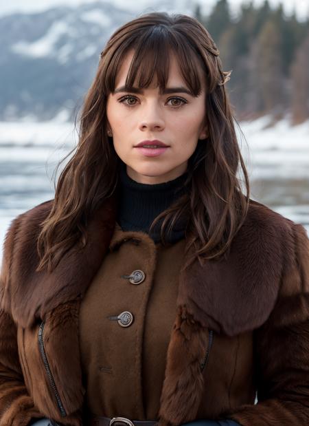 portrait of SKSWOMAN, loving , wearing runway fashion , with dark brown Side-swept bangs , background frozen lakeside epic (photo, studio lighting, hard light, sony a7, 50 mm, matte skin, pores, colors, hyperdetailed, hyperrealistic), <lyco:Hayley Atwell:1.1>