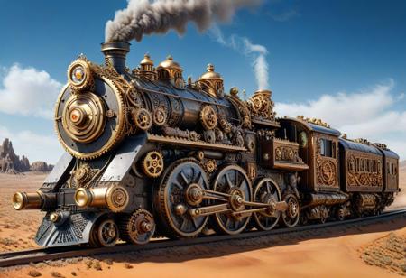 masterpiece, best quality, 8K, absurdres, photorealistic, intricate details, a photo of a massive steampunk train with gold and silver metallic accents and gears rolling across a vast desert landscape