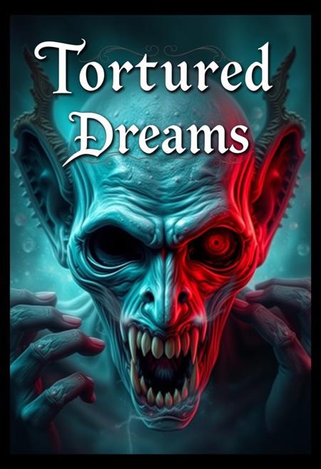 A vivid digital art piece depicting the dreams of a schizophrenic, scary surreal image, written above the main focus of the image in elegant filigree and calligraphy lettering are the words "Tortured Dreams"