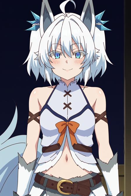 1girl, setsuna \(kaiyari\), kaifuku jutsushi no yarinaoshi, blue eyes, white hair, short hair, ahoge, twintails, hair ornament, wolf tail, wolf ears, colored eyelashes, setsunaout, navel, belt, midriff, bare shoulders, ribbon, thighhighs,  anime coloring, anime screencap,