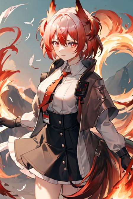 best quality, masterpiece, highres, solo, {fiammetta_arknights:1.15}, red_hair, red_eyes, short_hair, animal_ears, necktie, red_necktie, bird_ears, upper_body, hair_between_eyes, breasts, closed_mouth, feather_hair, 1girl, black_jacket, black_skirt, collared_shirt, fire, jacket, looking_at_viewer, open_clothes, open_jacket, shirt, skirt, white_shirt, high-waist_skirt