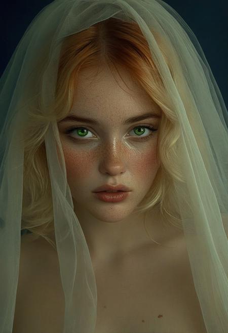 The image is a hyper-realistic CGI artwork featuring a young woman with a striking, ethereal beauty. She has a fair complexion with a scattering of freckles across her cheeks and nose. Her piercing green eyes are almond-shaped and glisten with a subtle sheen, adding depth to her gaze. She has a delicate, heart-shaped face and full, pouty lips painted a vibrant, bold red. 
Her hair is blonde, cascading down her shoulders and partially obscured by a sheer, translucent fabric that drapes over her face, adding a veil of mystery. The fabric, possibly tulle or chiffon, is a muted beige color with a slightly textured, wavy appearance, creating an ethereal, almost ghostly effect.
Her skin appears smooth and radiant, with a subtle glow. Her right hand, delicately posed, cradles her face with fingers extended, emphasizing the softness of her skin and the delicacy of her touch. The background is a deep, dark blue, which contrasts starkly with the light tones of her skin and the fabric, making her the focal point of the image. The overall style of the artwork blends elements of fine art with hyper-realistic digital illustration, capturing a blend of classical and modern aesthetics.
