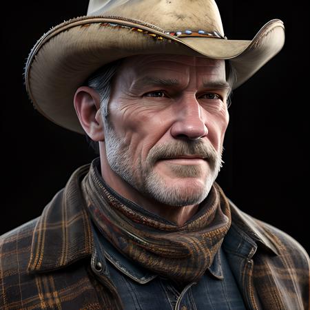 complex 3d render ultra detailed of a cowboy face, bowler cap|, scarf, farmer, beautiful studio soft light, rim light, vibrant details, cotton|flannel shirt, hyper realistic, anatomical, facial muscles, 55 years old, clean shave, black background, octane render, Wild West ,<lora:more_details:0.4>