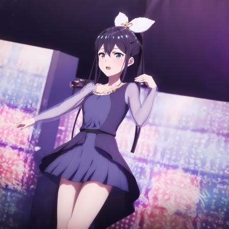 high quality, best quality, masterpiece, absurdres, rena hananoi, idol, 1girl, stage, singing,  <lora:rena-000003:0.8>, glow, hair_bow, butterfly, blue_dress, raised_arm, wideshot