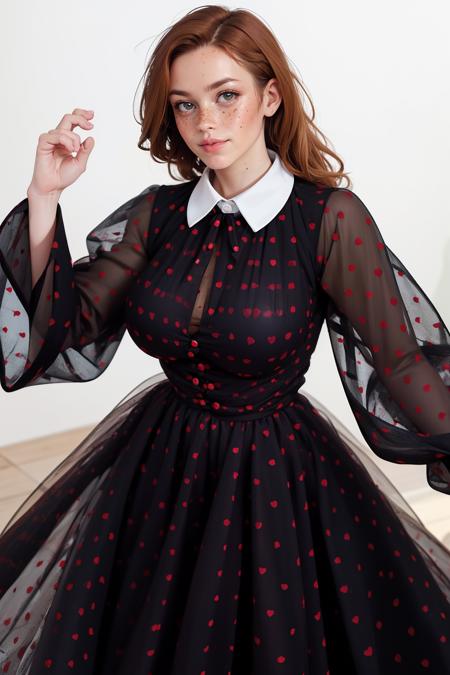 BRM1n1h3arts, heart print dress, short dress, puffy long sleeves, black dress, collared dress,<lora:BRM1n1h3arts:0.7> masterpiece, best quality, <lora:age_slider_v20:1> <lora:detail_slider_v4:1>  <lora:Fr3ckles:0.7> Fr3ckles, freckles, long hair, ginger hair, white background,