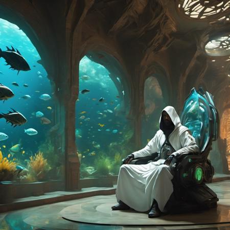 Clair-obscur, digital painting, oil painting, landscape, emirati arab "assassin's creed" fremen ninja iman sheikh wearing futuristic cyberpunk white cyber-onesie and white saudi Gutra headdress, sitting on a luxurious throne with arabic patterns ((in front of a giant aquarium filled with exotic fish)), in cyberpunk Arab palace with lots of neon and marble, in the style of arcane and fernanda suarez pascal blanche and Hermann Stenner and simon stalenhag and Gustavé Doré and alex grey and alphonse mucha and nekro and josan gonzalez and dishonored and bioshock and simon stalenhag and rembrandt and Roger Ballen and Yousuf Karsh and HR Giger and Dariusz Zawadzki and John Jude Palencar and David Cronenberg and Liam Wong and Zdzislaw Beksinski and Luis Buñuel and Takashi Miike and David Lynch and Luis Royo and jakub rozalski and Ilya Kuvshinov and Wlop and Artgerm, trending on artstation, featured on pixiv, dynamic lighting, hyper detailed, octane render, 8k