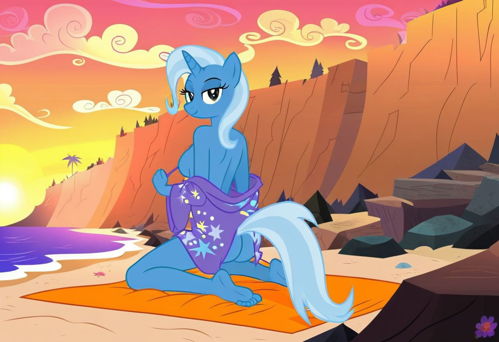trixie, anthro, complete nudity, solo, kneeling, backside, sideboob, looking back at you, robe, stripping, undressing, sun...