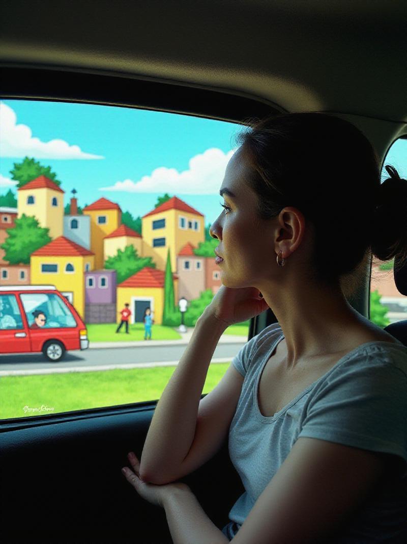 "A high-quality, professionally shot photo of a white woman sitting by the window of a car, looking outside thoughtfully. Everything visible through the car windows is not a real picture but a vibrant, colorful cartoon. The outside world features a playful and exaggerated cityscape with cartoon buildings, trees, cars, and people drawn in a whimsical style. The contrast between the realistic photo of the woman inside the car and the cartoonish world outside creates a surreal and imaginative scene. The overall mood is fun and lighthearted, blending reality with a fantastical cartoon environment."