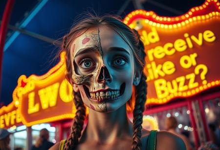 “A whimsical and surreal portrait of a girl with a distorted, comical face, featuring one eye larger than the other, vibrant face paint, and two playful braids in her hair. Half of her face is a real, bones skull, with detailed, decayed bone structure, exposing cracked and aged bones, and the skull appears lifelike yet worn with time. The other half is covered in exaggerated, colorful face paint. The skull gives off a gritty, almost macabre vibe, blending with the lively and hype atmosphere of the carnival. Captured using a 12mm fisheye cinematic prime lens for an exaggerated perspective. The setting is a lively carnival with neon lights, whimsical decorations, and a dreamy yet unsettling atmosphere. A rotten, old light banner in the background displays the text: ‘Could I receive a Like or Buzz?’ in flickering, uneven letters. The colors and contrasts are enhanced for a surreal effect, combining playful and eerie styles, with a mix of humor and dark visual artistry.”