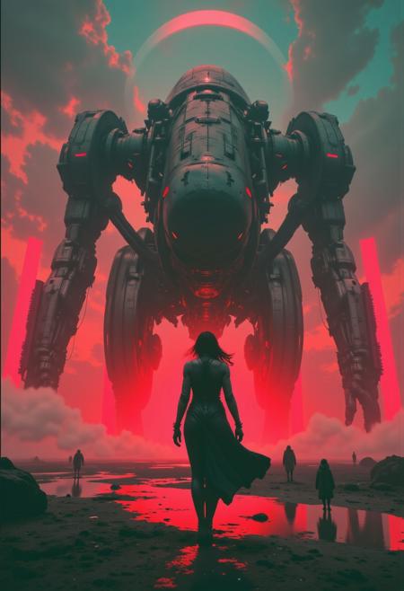 highest details, ultra hyper realism. highly detailed and realistic. intricate and highly professional artwork, an absolute masterpiece.
a pretty female character in front of a towering gargantuan Leviathan, from below view , in the (style of ethereal cybernetic fantasy:1.6), Faded Polaroid Photo, analog, old faded photo, old polaroid,, limited dark palette, unusual colors, atmospheric haze, highly dramatic volumetric lighting. ruby red haze, atmospheric fog, digital corruption, washed-out background, desaturated world, bleached dystopia, monochromatic with vibrant ruby red neon pops, flickering neon fractures, and glitching light pulses.
