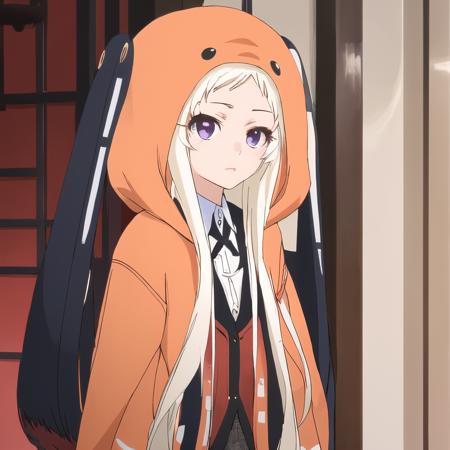 best quality, masterpiece, ultra-detailed,1 girl. solo, yomozuki runa, blonde hair, purple eyes, long hair,  kigurumi, ((black animal ears)), red school uniform,