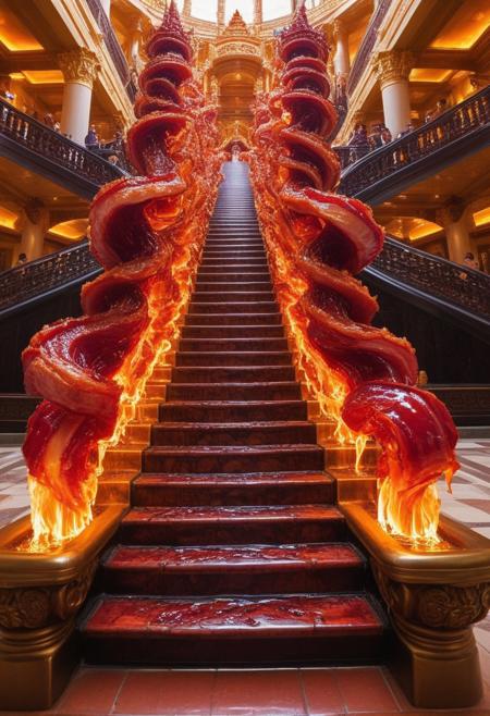A grand palace sculpted from twisting ribbons of smoked bacon, its walls shifting between crisp, golden textures and tender, ruby-red marbling. The towers stretch high into a sky painted in deep, crimson hues, where slow-moving streaks of molten fat drizzle like glowing rain. A great staircase of candied pork spirals toward the heavens, each step glistening with a caramelized glaze. The ground trembles with waves of heat, sending rippling distortions through the pools of sizzling grease below. In the center of the palace, a throne carved from a single, massive slab of crackling pork belly pulses with ember-like energy, radiating waves of fragrant smoke.