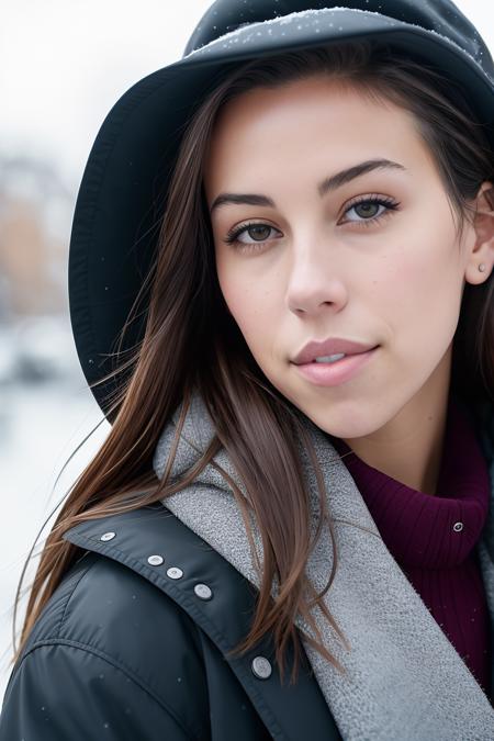 professional portrait photograph of (devbrugman:0.99), in winter clothing, beautiful face, cute natural makeup, wearing elegant winter fashion clothing, ((standing outside in snowy city street)), stunning modern urban upscale environment, ultra realistic, concept art, elegant, highly detailed, intricate, sharp focus, depth of field, f/1. 8, 85mm, medium shot, mid shot, (centered image composition), (professionally color graded), ((bright soft diffused light)), volumetric fog, trending on instagram, trending on tumblr, hdr 4k, 8k, (closeup portrait:1.2)