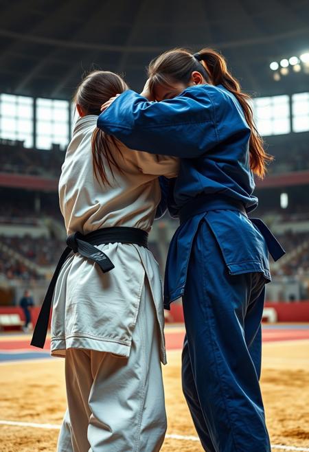 2girl, cinematic composition, A black belt in white judo and a black belt in blue judo, judo pants, judo ground, stadium, sweating,  Uki Goshi  , highly detailed, 4k resolution, ultrarealistic, real photo, detailed skin, photorealistic, high quality, sharp focus