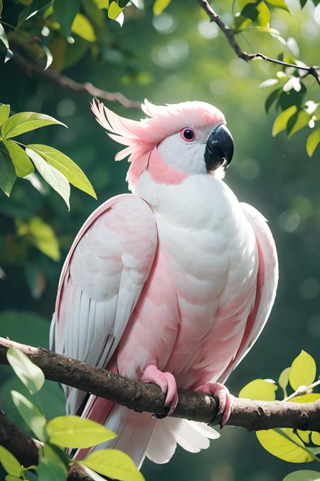 pltn style, Pink and white cest galah cockatoo bird in a tree with green leaves and flowers ,animation for children book illustration , cute big circular reflective eyes, unreal engine cinematic smooth, intricate detail