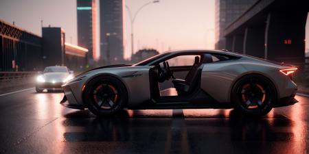 ((blender cycles render style)), solo, retrofuturistic, cyberpunk, steampunk, on the street, on the highway, future concept shape, led lighting, wide and low stance, wheels rotation, speed, (masterpiece:1.1) , best quality, car, reflection paint, ground vehicle, vehicle focus, ultra-realistic detail, reflective ground, cardesignworld, car design, concept car, dutch camera angle,  <lora:Surfacing_v1:1>