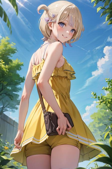 masterpiece, best quality, absurdres, TodorokiHajime, from behind, (yellow sundress), garden, day, sunshine, smile, looking back, <lora:CHAR-TodorokiHajime:1>