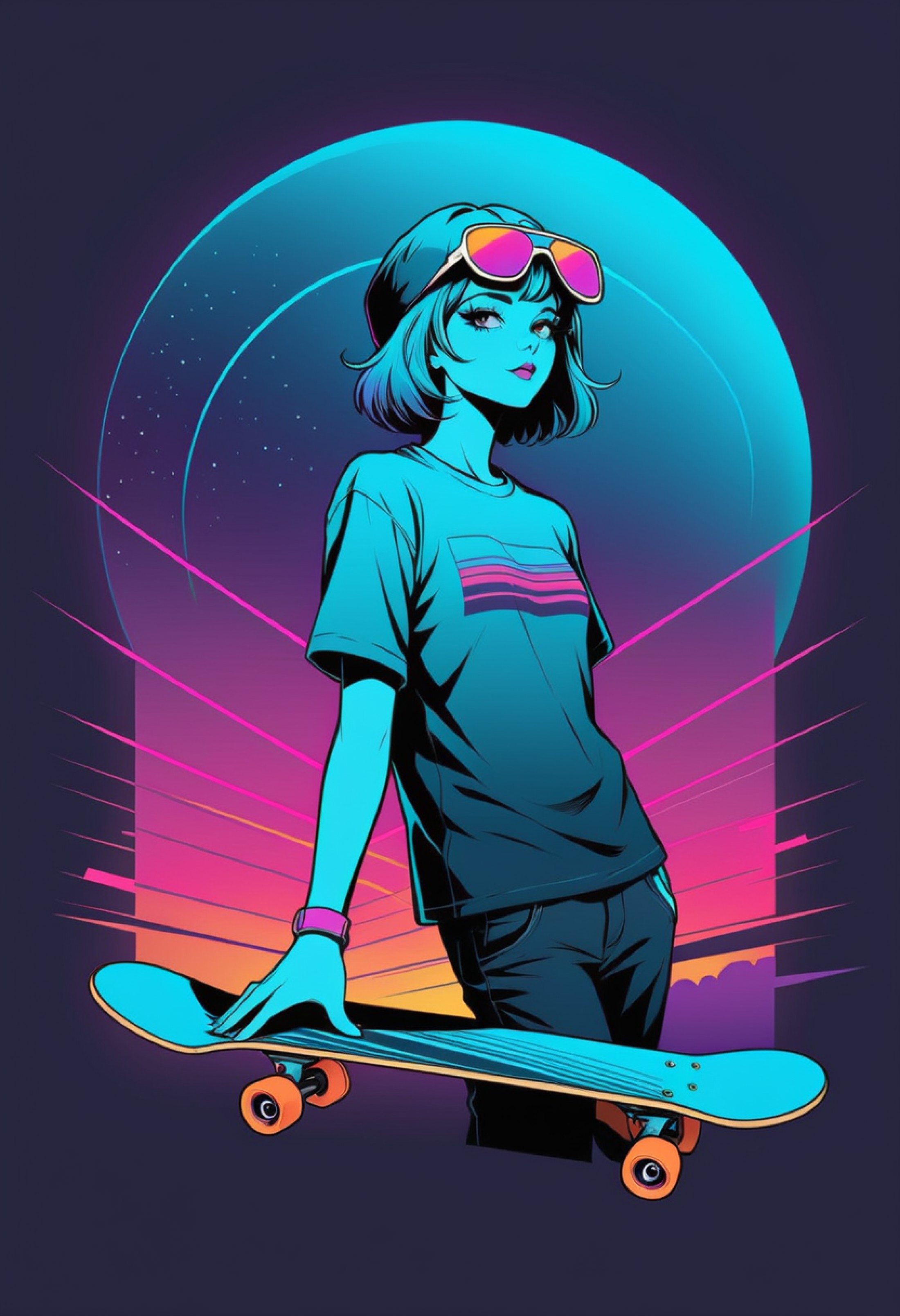 Retro Skateboard, futurism, line art, complementary colors, dreamlike, synthwave t-shirt vector, center composition graphi...