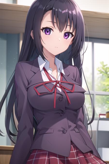 chizuruakaba, <lora:chizuru akaba s2-lora-nochekaiser:1>,
chizuru akaba, long hair, black hair, (purple eyes:1.1),
BREAK skirt, school uniform, plaid, plaid skirt, shirt, white shirt, collared shirt, jacket, long sleeves, black jacket,
BREAK indoors, classroom,
BREAK looking at viewer, (cowboy shot:1.5),
BREAK <lyco:GoodHands-beta2:1>, (masterpiece:1.2), best quality, high resolution, unity 8k wallpaper, (illustration:0.8), (beautiful detailed eyes:1.6), extremely detailed face, perfect lighting, extremely detailed CG, (perfect hands, perfect anatomy),