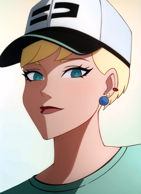 batman adventures, masterpiece, best quality, 1girl, aqua eyes, baseball cap, blonde hair, closed mouth, earrings, green background, hat, hoop earrings, jewelry, looking at viewer, shirt, short hair, simple background, solo, upper body, yellow shirt, ((masterpiece)) <lora:batman_adventures_offset:1>