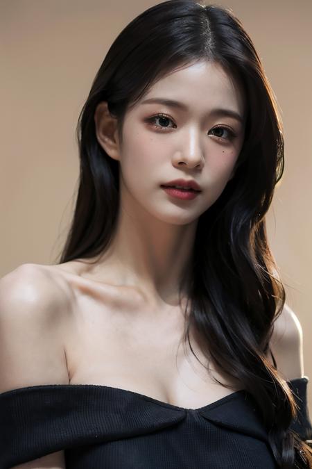 Best quality, masterpiece, ultra high res, (photorealistic:1.4), raw photo,1girl, solo, realistic, lips, black hair, looking at viewer, black eyes, teeth, long hair, hair over one eye, parted lips, nose, close-up, brown hair, simple background, brown eyes, black dress, off shoulder