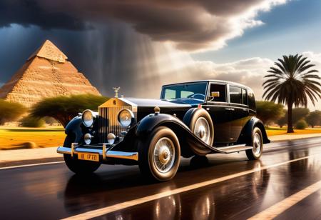 cinematic photo of Rolls-Royce Phantom II 1930, magnificent three pyramids of Giza appear clearly, charm, highly detailed car, Professional lighting, full of life, Lively and energetic, 8K, rays of sun flow beyond heavy clouds, HDR, Fast & Furious movie, motion blur, moving tires, Cinematic Shot, Cinematic Lighting, amazing world, pure perfection, Need For Speed, wide angle exterior background, wet asphalt road, autumn leaves, grass, flowers, jasmine flowers, palm trees, nebula horizon.