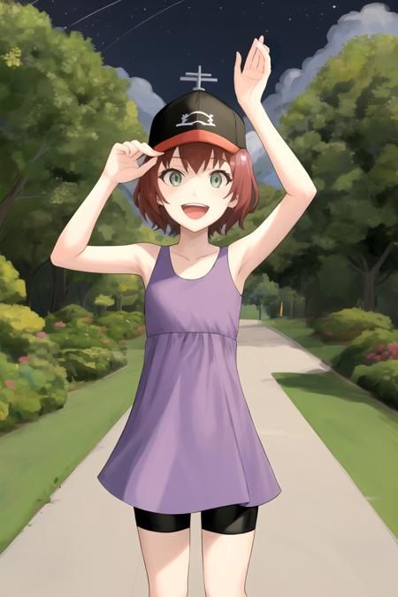 masterpiece, best quality, highres, 1girl, solo, dress, bike shorts, cowboy shot, open mouth, smile, sleeveless, purple dress, baseball cap, shorts under dress, standing, outdoors, sleeveless dress, black headwear, tongue, teeth, :d, bangs, bare arms,  <lora:KeksandraClover:1>, night, stary night,