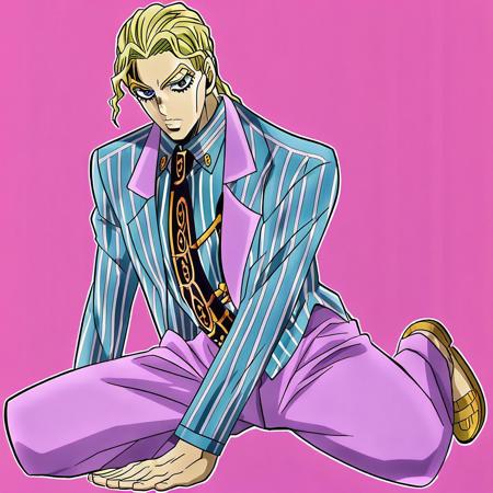 Yoshikage Kira Blonde hair, lilac suit, blazer, striped shirt, necktie, blonde hair, blue eyes, short hair