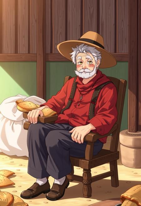 masterpiece, best quality,anime, farmer,1boy, grandpa ,black hair ,The Age of Legends,Age between 45 and 60 years,sitting on a chair,bread,