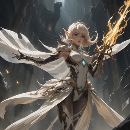 a beautiful saryn warframe,  long white cape, ascending, inspired by Werner Tübke, holding a squid, the console is tall and imposing, e3, full-cosplay, swirling magical energy, shmup, grant us eyes, by Matthias Stom, jrpg, fantasy, D&D, highly detailed, digital painting, artstation, smooth, sharp focus, illustration, art by yoji shinkawa and masamune shirow and kuvshinov, radiant light, detailed and intricate environment