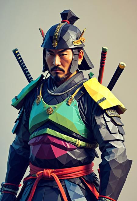 masterpiece, amazing quality, best quality, ultra-detailed,
Polygonal shapes, geometric designs, three-dimensional models, 
samurai with colourful armor made of Polygonal shapes, 
flat, vibrant colours clear and bright shadows creating depth and volume, well-defined geometric shapes,
abstract Japanese background,
highly detailed digital painting, surrealistic digital artwork, best lighting,