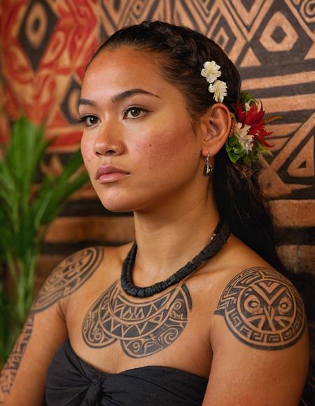 A Polynesian woman with traditional tattoos sitting in a traditional fare listening attentively to the conversation.