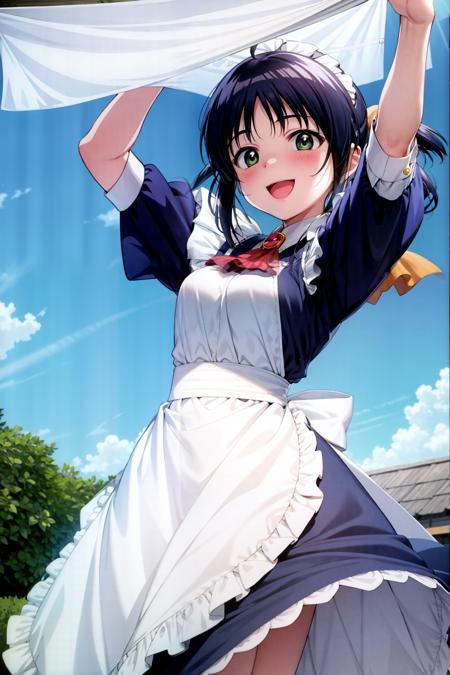 masterpiece, best quality,andou mahoro,ahoge, 1girl, green eyes, maid, laundry, apron, solo, clothesline, blue hair, brooch, day, sky, open mouth, arms up, smile, blush,(kbxll:0.4)