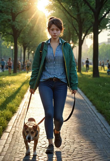 a young european woman, chubby, oval face, brown round eyes, snub nose, double chin, small lips, short brown hair, ponytail,
tight jeans, blue and white plaid shirt, green jacket, walking her dog, sunny afternoon, city park,
dynamic angle, hot summer evening, sunset, golden hour,
shallow depths of field,, masterpiece, 8k, ultra high res, ultra high detail, best quality, ultra detailed, realistic, highly detailed, trending artstation, award winning photograph by annie leibovitz, closeup photo, realistic, greg rutkowski, michael bayardashida, gustave dore alphonse, much craig mullins, matte painting, eugene de blake, cinematic, studio lighting, hyperrealistic, depth of field, bokeh, dof, beautiful, detailed, intricate, elegant, extremely smooth, digital illustration, epic conceptart, rendering, misty light, novel cover artwork, octane render, pixiv contest winner, yusuke murata,