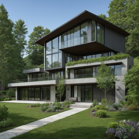 a single house on a hill, the house is entirely made of an element from the elemental table, high detail, hdr, elemental garden, complex house design