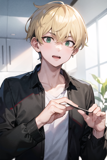 1boy,chifuyu matsuno,male focus,blonde hair, green hair, short hair,jewelry,bangs,hair between eyes,single earring,