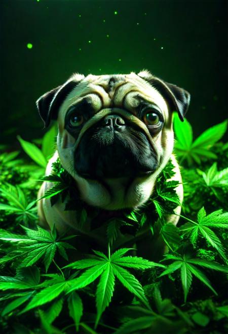 420futurism, closeup shot, from side, pug made of leaves, pug made out of leaves, green leaves, cinematic, cinematic lighting, (masterpiece, best quality:1.4), ultra-high res, 4k, Photorealistic, insanely detailed, sfw,