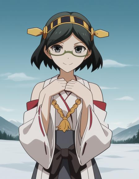 kirishima, short hair, black hair, hairband, glasses, black eyes, semi-rimless eyewear, green-framed eyewear, kirishima (kancolle), medium breasts, bare shoulders, detached sleeves, japanese clothes, nontraditional miko,