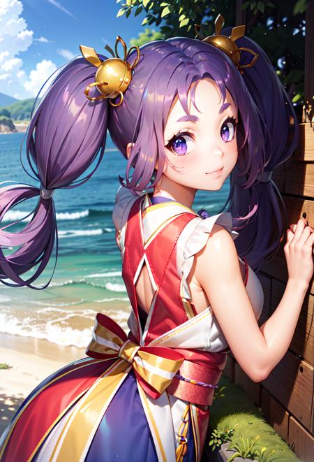 iroha purple hair, purple eyes, twintails sun hair ornament, default_dress, bow, sleeveless