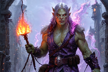 bioluminescent, an orc beastmaster with green skin, wearing a fur vest, holding a whip, with a wolf companion, solo, from the Nightstalker Clan, with black leather armor and stealth markings, an orc war forge with multiple anvils, molten metal, weapon piles, detailed background, trading goods, exchanging items, sneaky, sly grin, portrait focus, close-up shot, a warship launch with orcs rowing, ship moving, water splashing, a rope trap, set on the ground, on a stone path, rough texture, foggy, thick mist swirling, dim visibility, mid evening, deep purple sky, stars visible, cool air, best quality, vibrant colors, photorealistic style, high detail, high-definition, hyper-realistic, extremely high-resolution details, fine texture, incredibly lifelike, realistic, not cartoon, not drawing, highres, 4K resolution, source photo, realistic photo, masterpiece, best quality, amazing quality, very aesthetic, ultra-detailed, detailed textures, natural lighting, soft lighting, volcanic red tones, deep reds and blacks, dusk light, deep orange and purple glow, overhead shot, <lora:Mystic_Lumina_r1-000007:0.9>