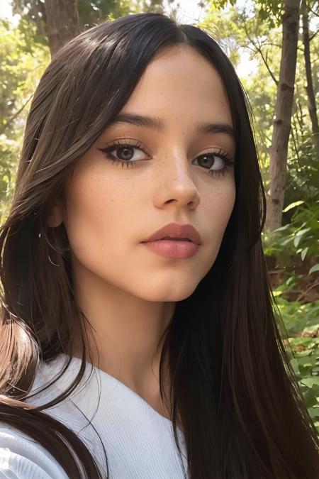 photo of Jen_na woman, long hair, outdoor, looking at viewer extremely detailed, intricate detail, fine detail, careful detail, masterpiece, best quality, ultra-detailed  <lora:JennaOrtega:0.8>