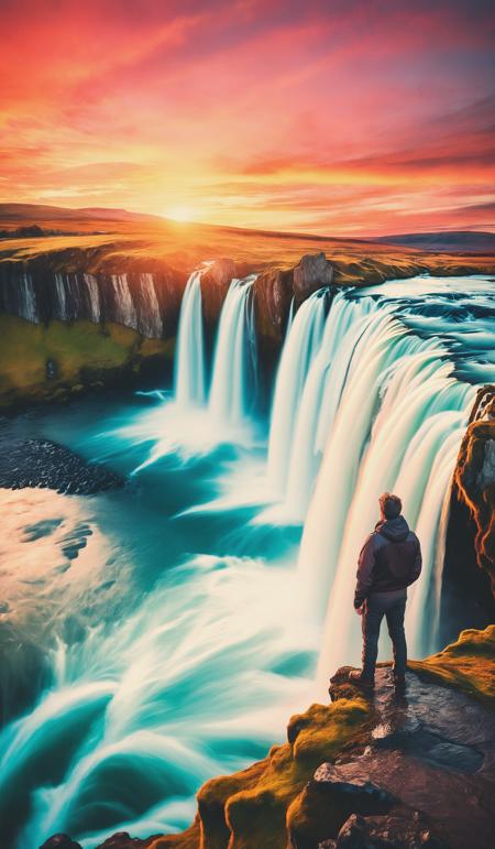 Majestic landscape of Godafoss waterfall flowing with colorful sunset sky and male tourist standing at the cliff. Dramatic unusual scene. Beauty world. Retro filter and vintage style. Instagram toning effect, breathtaking photograph.