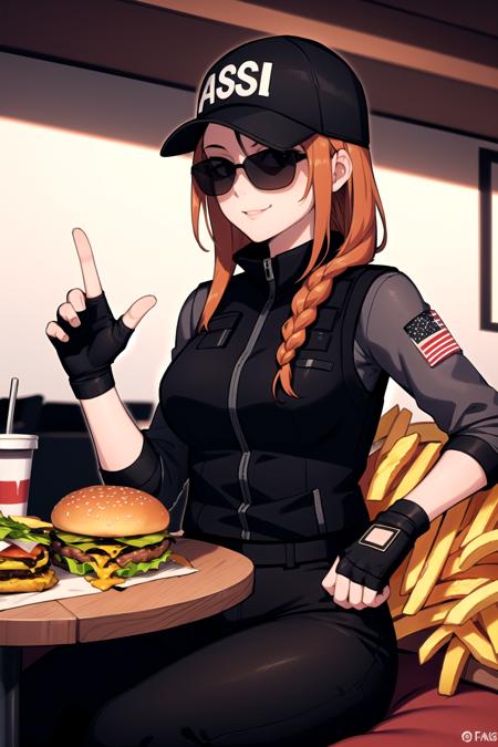 <lora:ash-000037:1> asop, asdef, black jacket, black shirt, vest, pants, black pants, fingerless gloves, baseball cap, sunglasses, american flag,
1girl, sitting, burger, french fries, food, table, happy