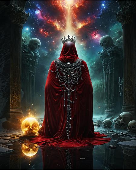 lich wearing a crown kneeling facing away from camera before a marble crypt wearing a velvet robe, shiny metal jewelry, water, reflections, blood, realistic photo, hard science fiction, deepest black space, stars, colorful nebula, glowing runes, white skulls, jewels, brilliant color, scarlet, indigo, crimson, yellow, green, <lora:add-detail-xl:0.75>,  <lora:xl_more_art-full_v1:0.5>   , ziprealism,   <lora:sdxl_lora_beksinski:0.8> b3ks1n