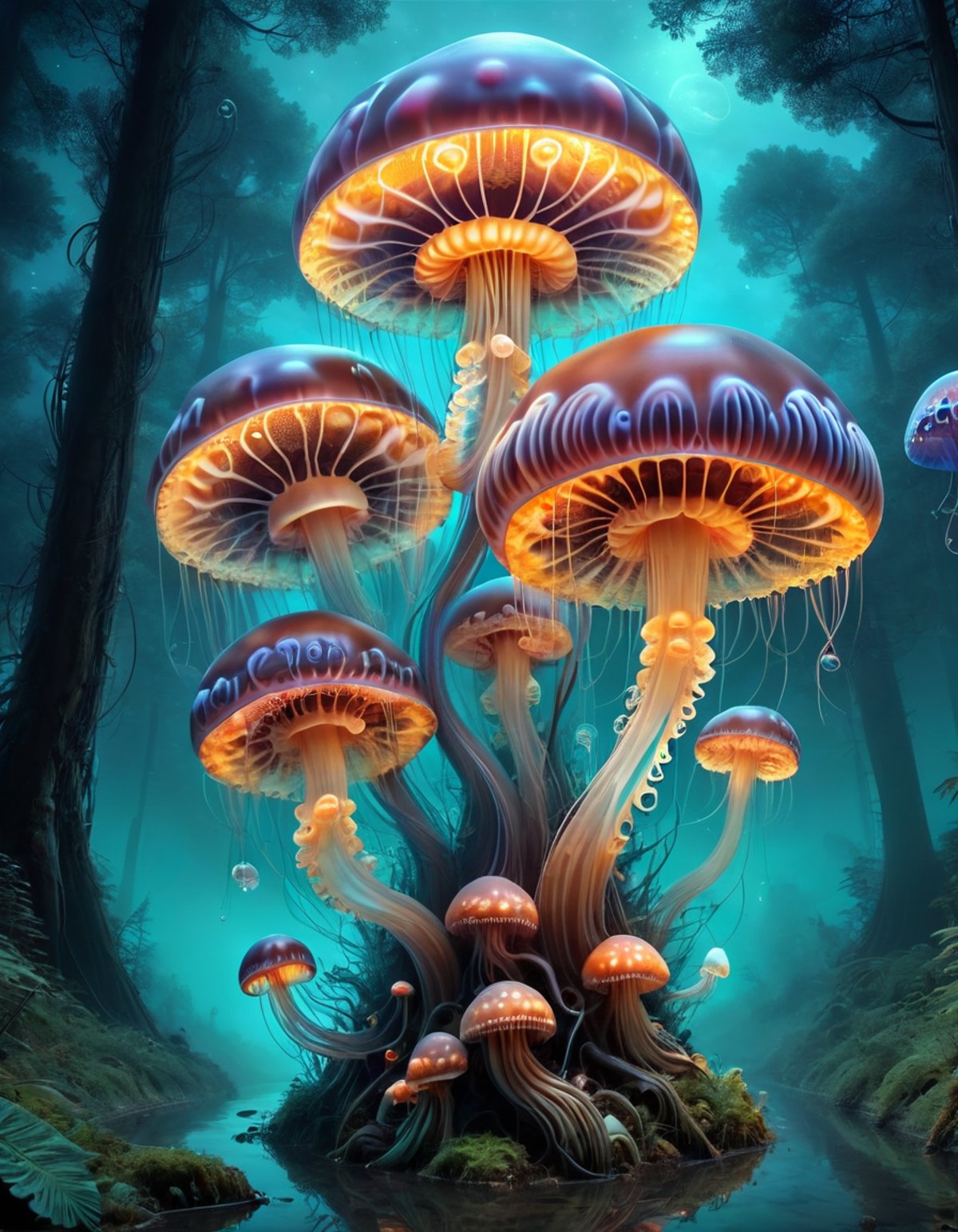 colorful slimey glowing jellyfish mushroom, nature, forest, outdoors, tree, walking, water, at night, bright sky <lora:ral...