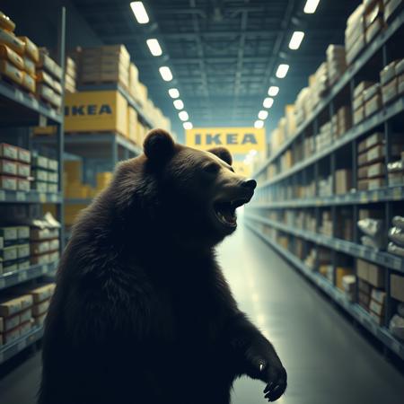 A grizzly bear is lost in endless IKEA., liminal space, eerie, dramatic, high contrast, highly detailed, cinematic color grading.